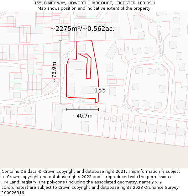 155, DAIRY WAY, KIBWORTH HARCOURT, LEICESTER, LE8 0SU: Plot and title map