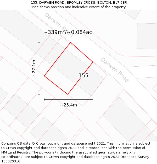 155, DARWEN ROAD, BROMLEY CROSS, BOLTON, BL7 9BR: Plot and title map