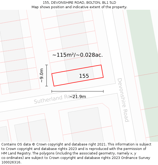 155, DEVONSHIRE ROAD, BOLTON, BL1 5LD: Plot and title map