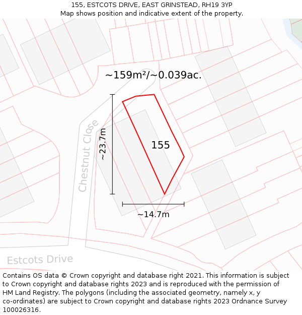 155, ESTCOTS DRIVE, EAST GRINSTEAD, RH19 3YP: Plot and title map