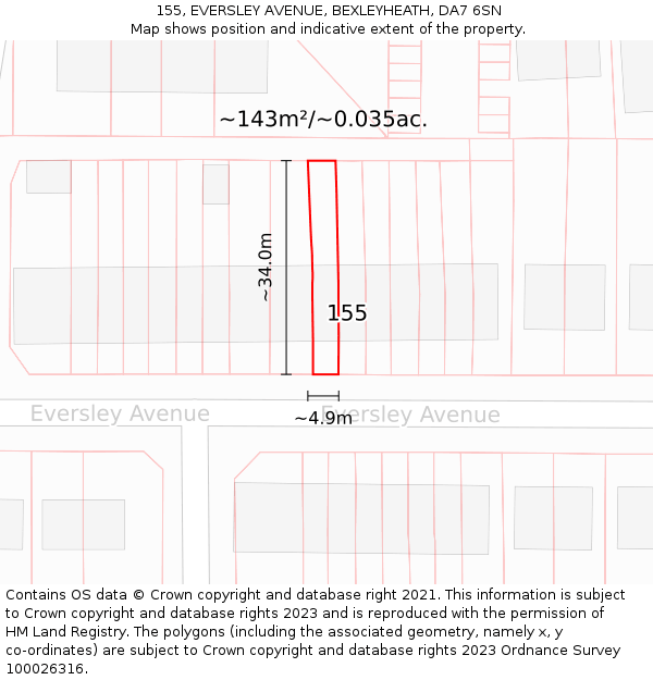 155, EVERSLEY AVENUE, BEXLEYHEATH, DA7 6SN: Plot and title map