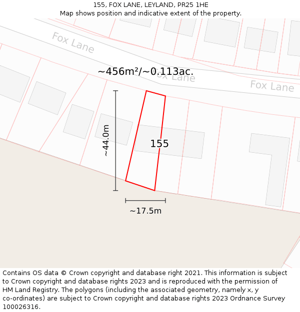 155, FOX LANE, LEYLAND, PR25 1HE: Plot and title map