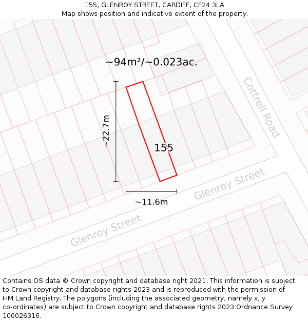 155, GLENROY STREET, CARDIFF, CF24 3LA: Plot and title map
