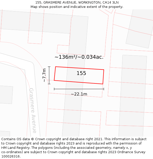 155, GRASMERE AVENUE, WORKINGTON, CA14 3LN: Plot and title map