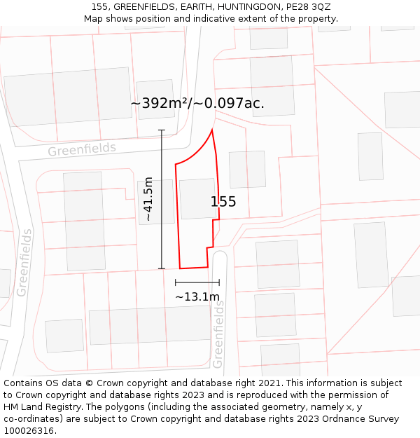 155, GREENFIELDS, EARITH, HUNTINGDON, PE28 3QZ: Plot and title map