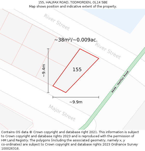 155, HALIFAX ROAD, TODMORDEN, OL14 5BE: Plot and title map