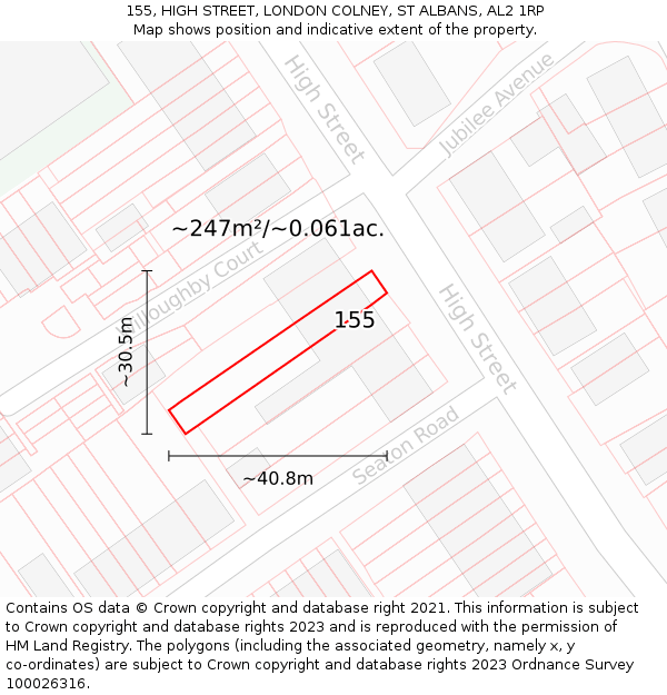 155, HIGH STREET, LONDON COLNEY, ST ALBANS, AL2 1RP: Plot and title map