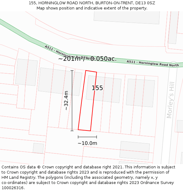 155, HORNINGLOW ROAD NORTH, BURTON-ON-TRENT, DE13 0SZ: Plot and title map