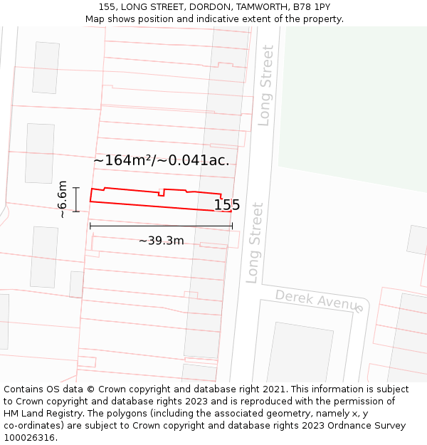 155, LONG STREET, DORDON, TAMWORTH, B78 1PY: Plot and title map