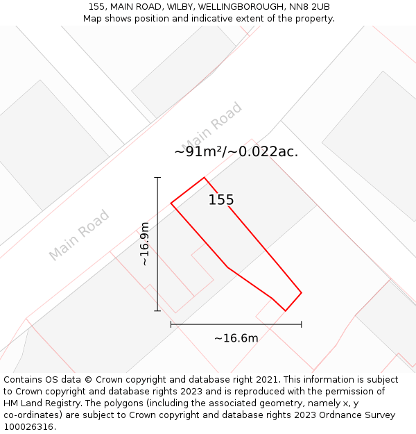 155, MAIN ROAD, WILBY, WELLINGBOROUGH, NN8 2UB: Plot and title map