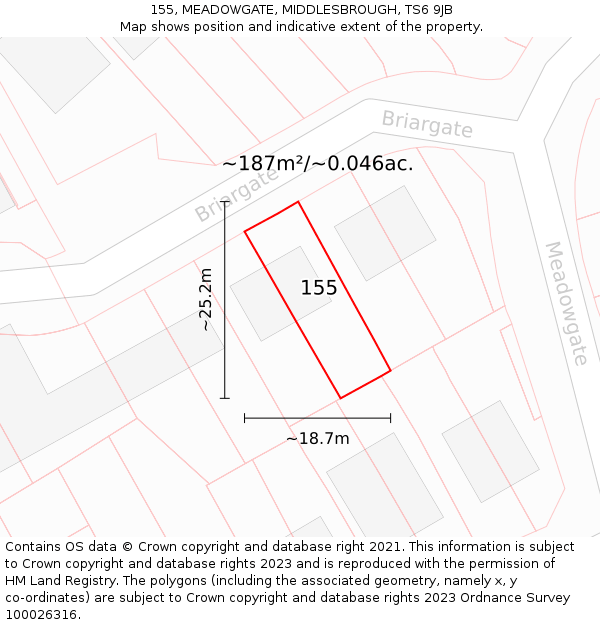 155, MEADOWGATE, MIDDLESBROUGH, TS6 9JB: Plot and title map