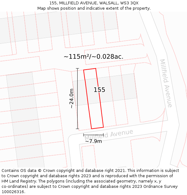 155, MILLFIELD AVENUE, WALSALL, WS3 3QX: Plot and title map