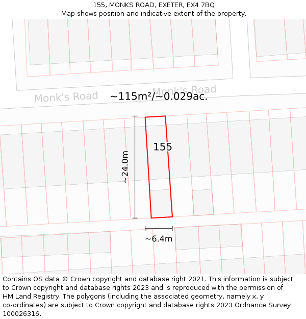 155, MONKS ROAD, EXETER, EX4 7BQ: Plot and title map