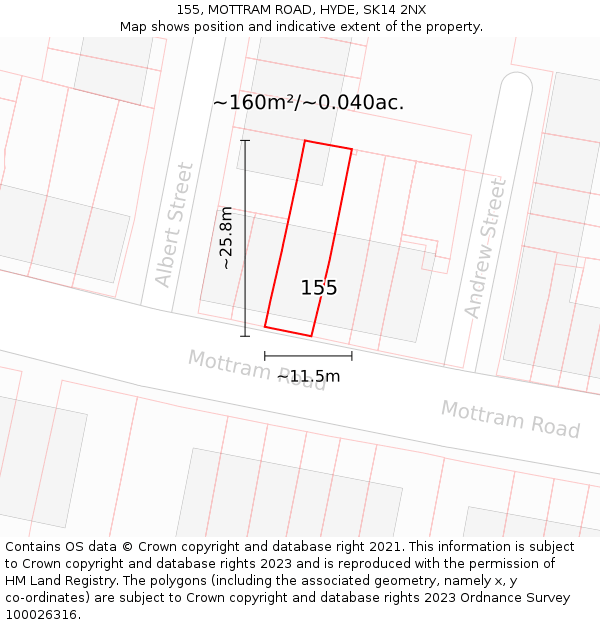 155, MOTTRAM ROAD, HYDE, SK14 2NX: Plot and title map