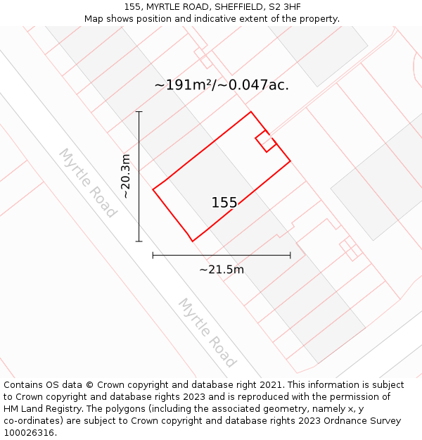 155, MYRTLE ROAD, SHEFFIELD, S2 3HF: Plot and title map