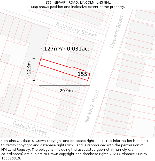 155, NEWARK ROAD, LINCOLN, LN5 8NL: Plot and title map