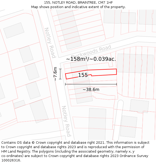 155, NOTLEY ROAD, BRAINTREE, CM7 1HF: Plot and title map