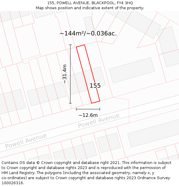 155, POWELL AVENUE, BLACKPOOL, FY4 3HQ: Plot and title map