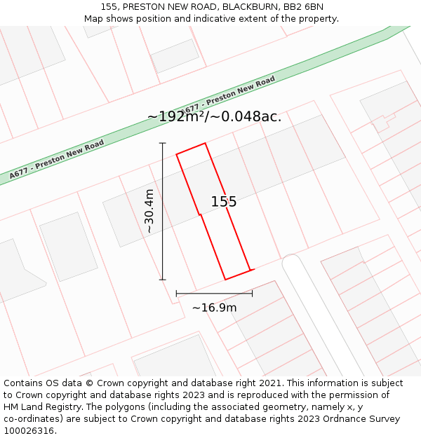 155, PRESTON NEW ROAD, BLACKBURN, BB2 6BN: Plot and title map