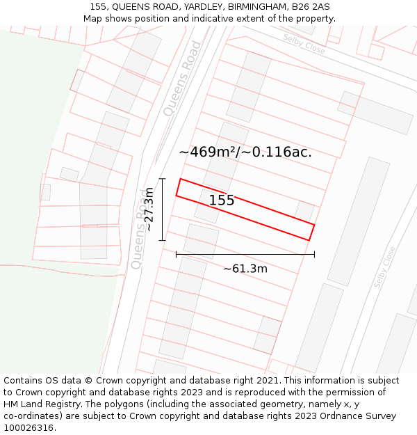 155, QUEENS ROAD, YARDLEY, BIRMINGHAM, B26 2AS: Plot and title map
