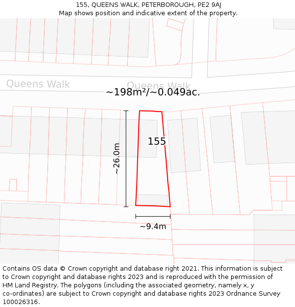 155, QUEENS WALK, PETERBOROUGH, PE2 9AJ: Plot and title map