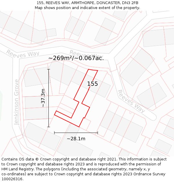 155, REEVES WAY, ARMTHORPE, DONCASTER, DN3 2FB: Plot and title map
