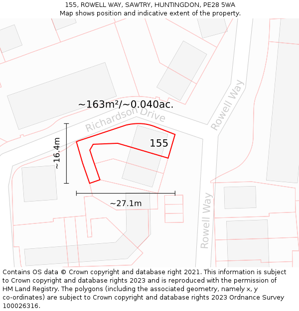 155, ROWELL WAY, SAWTRY, HUNTINGDON, PE28 5WA: Plot and title map