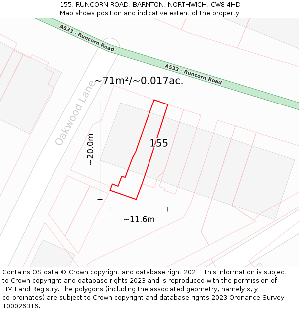 155, RUNCORN ROAD, BARNTON, NORTHWICH, CW8 4HD: Plot and title map