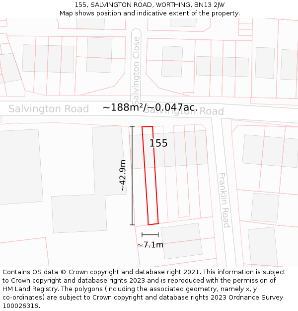 155, SALVINGTON ROAD, WORTHING, BN13 2JW: Plot and title map