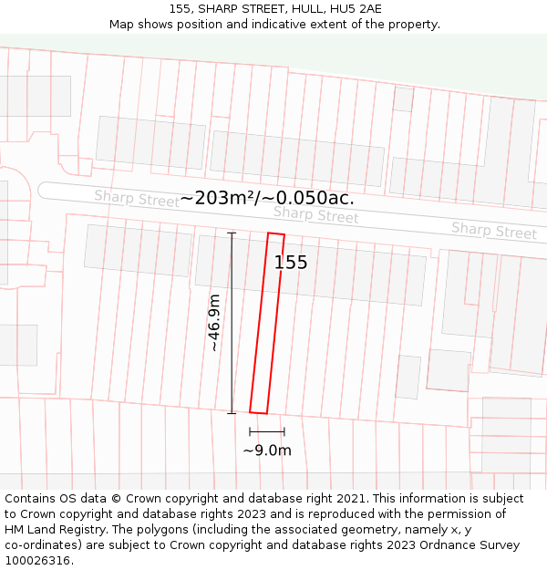 155, SHARP STREET, HULL, HU5 2AE: Plot and title map