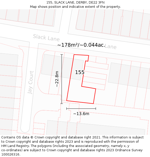 155, SLACK LANE, DERBY, DE22 3FN: Plot and title map