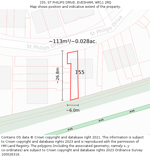 155, ST PHILIPS DRIVE, EVESHAM, WR11 2RQ: Plot and title map