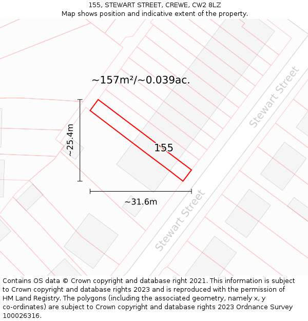 155, STEWART STREET, CREWE, CW2 8LZ: Plot and title map