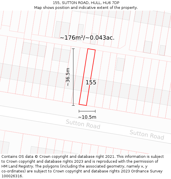 155, SUTTON ROAD, HULL, HU6 7DP: Plot and title map