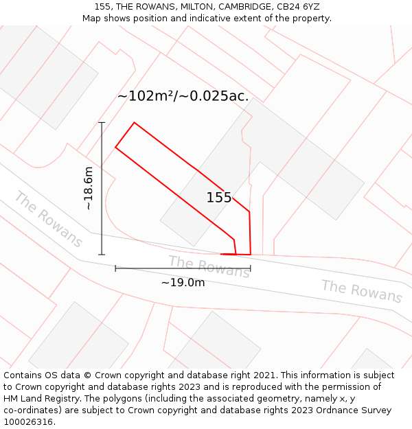 155, THE ROWANS, MILTON, CAMBRIDGE, CB24 6YZ: Plot and title map