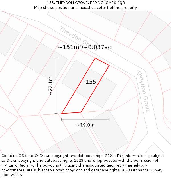 155, THEYDON GROVE, EPPING, CM16 4QB: Plot and title map