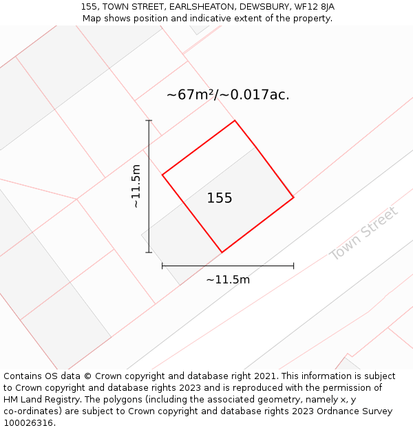 155, TOWN STREET, EARLSHEATON, DEWSBURY, WF12 8JA: Plot and title map