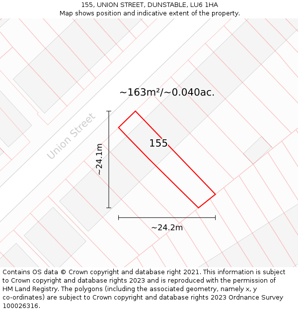 155, UNION STREET, DUNSTABLE, LU6 1HA: Plot and title map