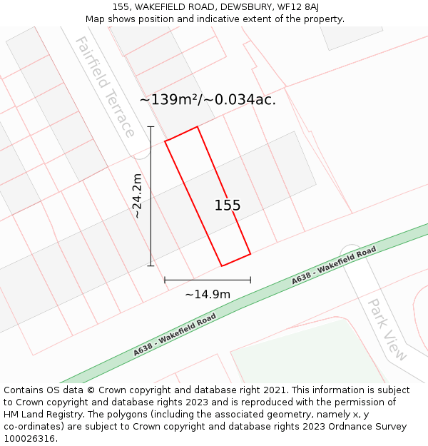 155, WAKEFIELD ROAD, DEWSBURY, WF12 8AJ: Plot and title map