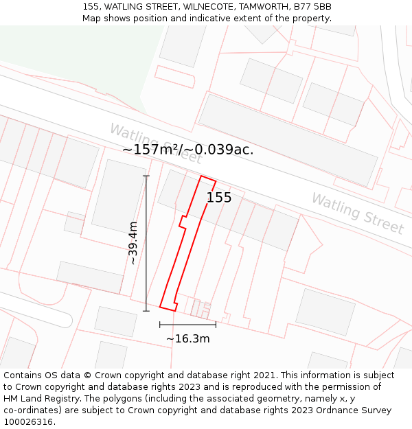 155, WATLING STREET, WILNECOTE, TAMWORTH, B77 5BB: Plot and title map