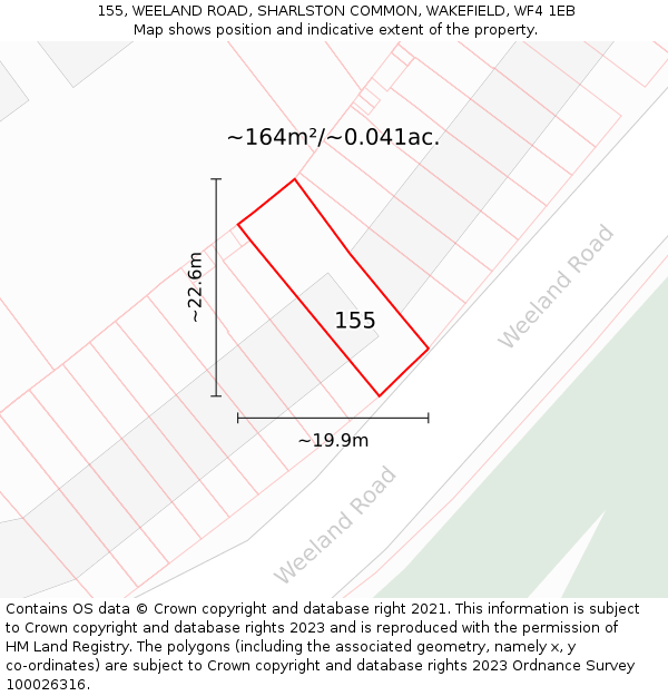 155, WEELAND ROAD, SHARLSTON COMMON, WAKEFIELD, WF4 1EB: Plot and title map