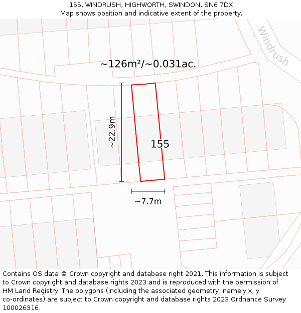 155, WINDRUSH, HIGHWORTH, SWINDON, SN6 7DX: Plot and title map
