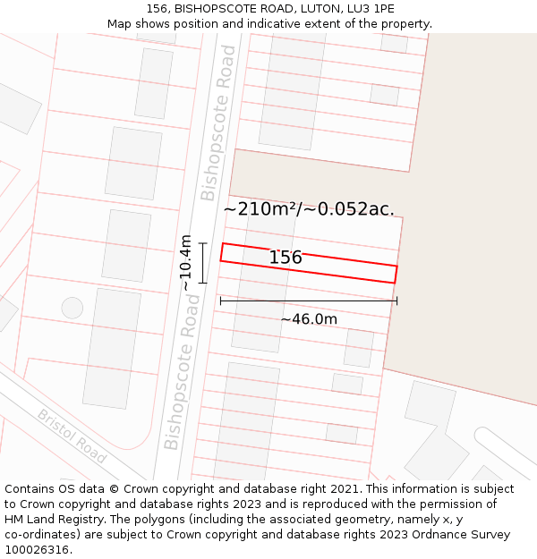 156, BISHOPSCOTE ROAD, LUTON, LU3 1PE: Plot and title map