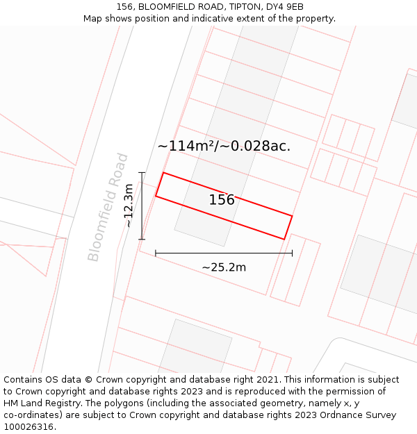 156, BLOOMFIELD ROAD, TIPTON, DY4 9EB: Plot and title map