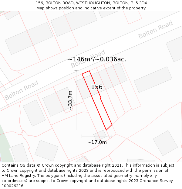 156, BOLTON ROAD, WESTHOUGHTON, BOLTON, BL5 3DX: Plot and title map