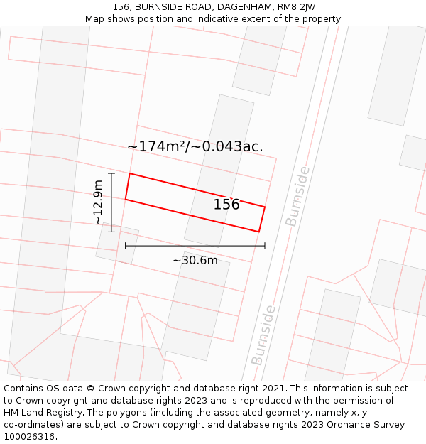 156, BURNSIDE ROAD, DAGENHAM, RM8 2JW: Plot and title map
