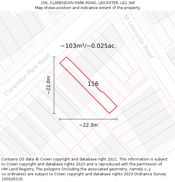 156, CLARENDON PARK ROAD, LEICESTER, LE2 3AF: Plot and title map