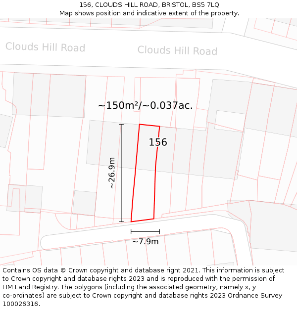 156, CLOUDS HILL ROAD, BRISTOL, BS5 7LQ: Plot and title map
