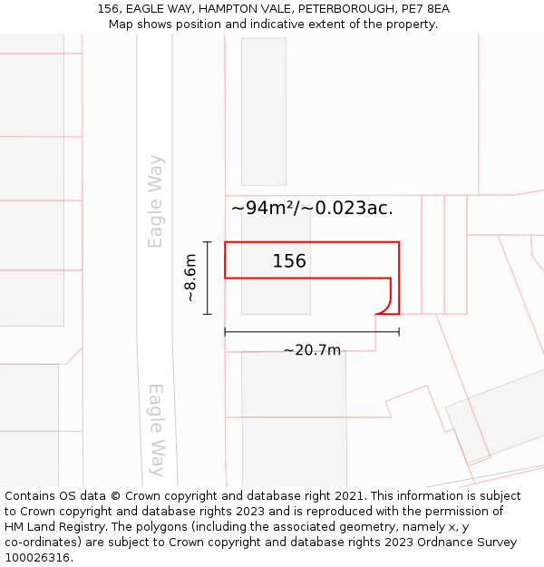 156, EAGLE WAY, HAMPTON VALE, PETERBOROUGH, PE7 8EA: Plot and title map