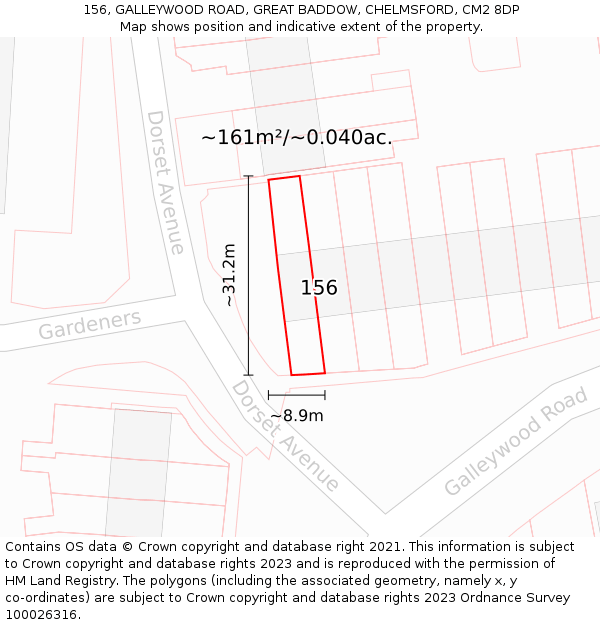 156, GALLEYWOOD ROAD, GREAT BADDOW, CHELMSFORD, CM2 8DP: Plot and title map